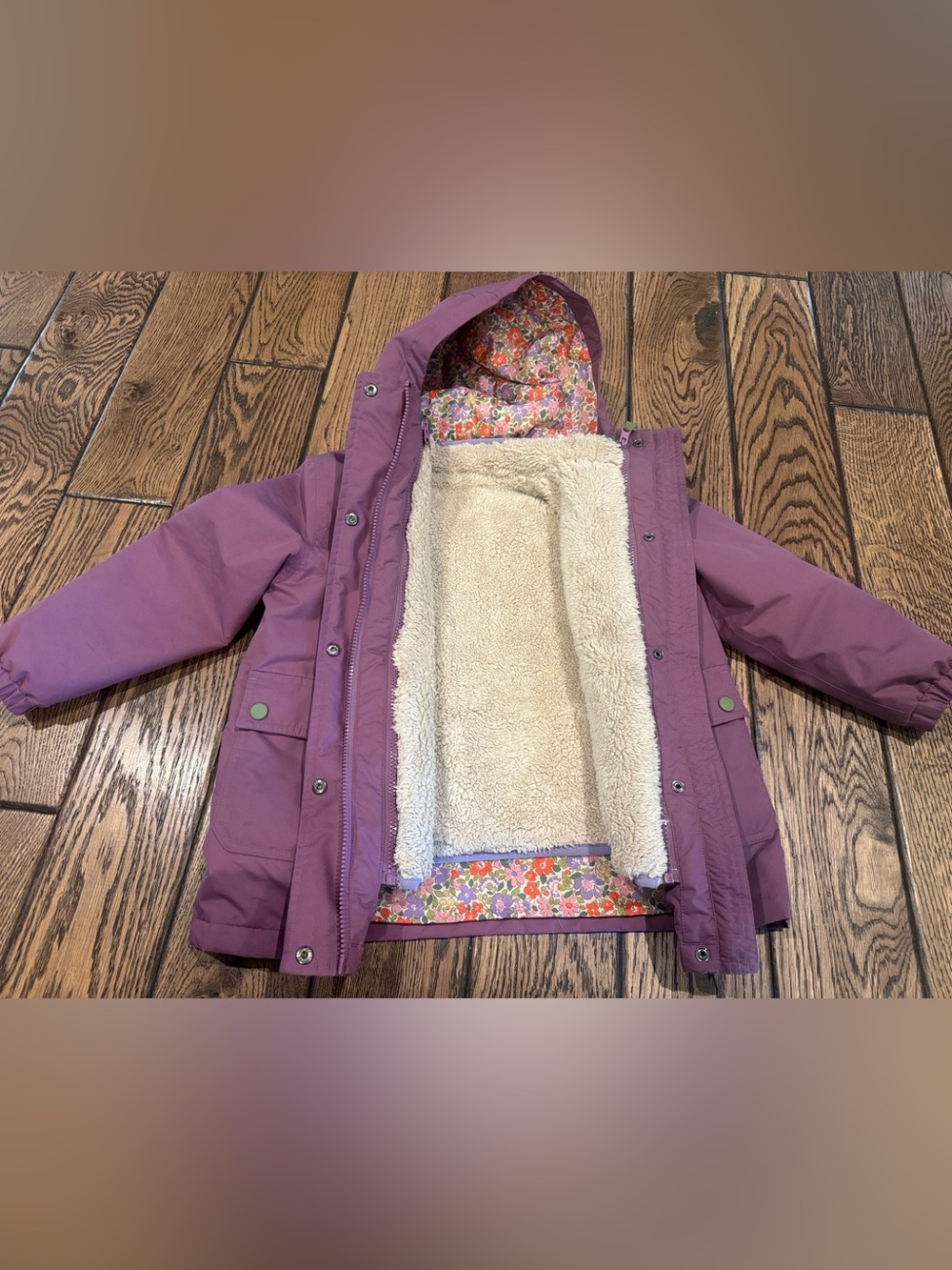 Mini Boden 4 in 1 Purple winter Jacket with Floral Trim and reversible vest